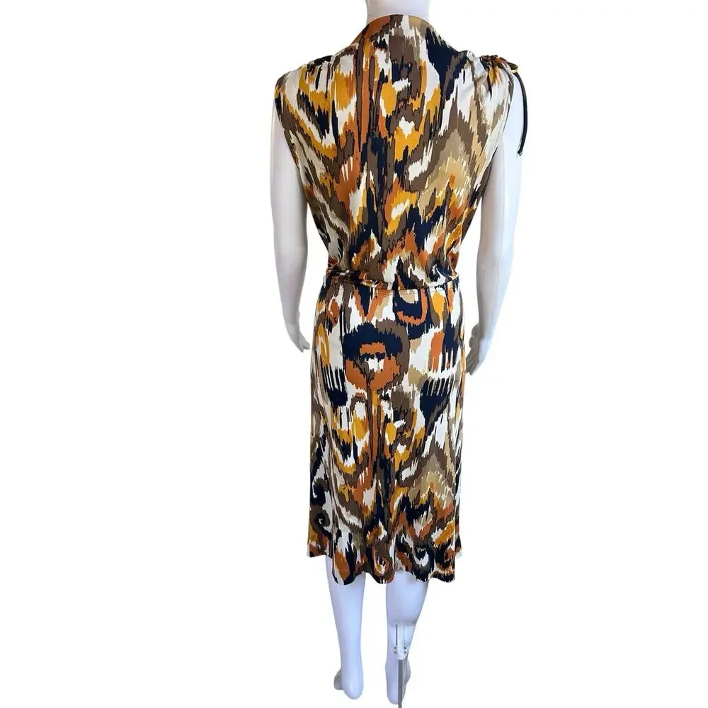Tory Burch 100% Silk Ikat Print Midi Dress Women M Cowl Neck Tie Waist